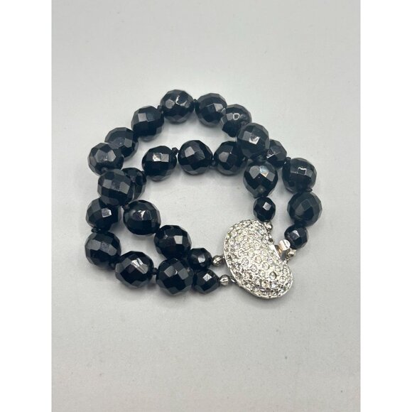 Carolee Black Glass Beaded Bracelet Double Strand with Crystal Encrusted Clasp - Picture 3 of 6